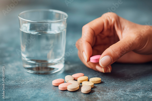 Close up of colorful vitamin tablets on table with glass of water