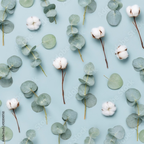 A flat lay featuring sprigs of eucalyptus and cotton flowers arranged across a pale blue backdrop creating a natural, airy composition