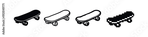Diverse skateboard icon set with solid fill, line art, scribbled effect, and unique pixelated design for creative use.