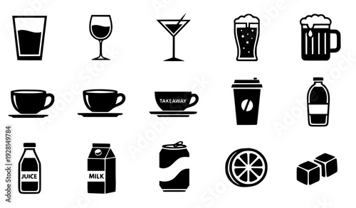 Dark Gray Beverage and Drink Silhouette Icon Set