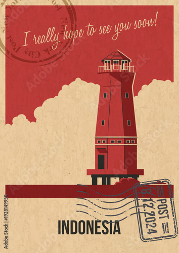 Indonesia Lighthouse Attraction Postcard, Jakarta Port Beacon Popular Place Illustration, Vector Template Retro Style Greeting Card. Vintage Colors, Aged Paper Texture