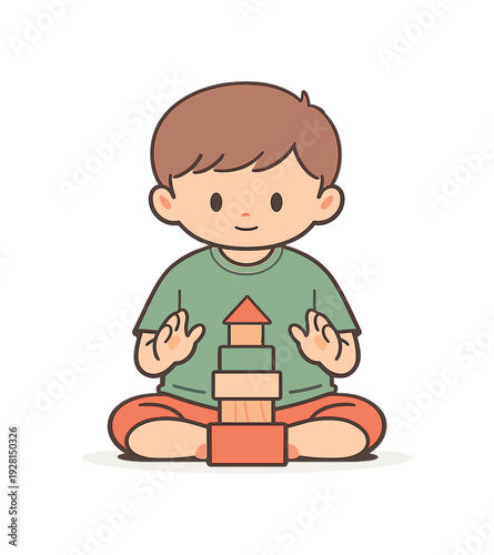 Calm child stacks wooden blocks, posture steady as hands pause and the tower stands briefly balanced | child wooden blocks, flat
