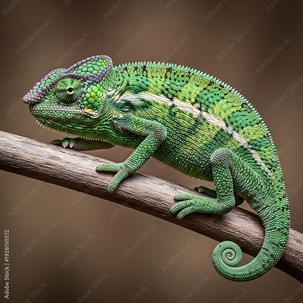 Obraz premium Green Chameleon Perched on a Branch - A Detailed Wildlife Portrait.