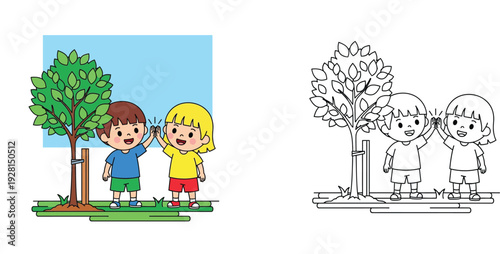 Kids Planting Tree Vector Illustration and Coloring Page, Little Boy and Girl Giving High Five Celebrating Environmental Protection, Earth Day Ecology Concept for Children Education