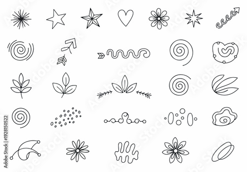 Collection of Hand-Drawn Doodles and Symbols Featuring Stars, Hearts, Swirls, Leaves, and Flowers