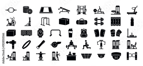 Collection of gym equipment and fitness icons in a grid layout for workout and training themes