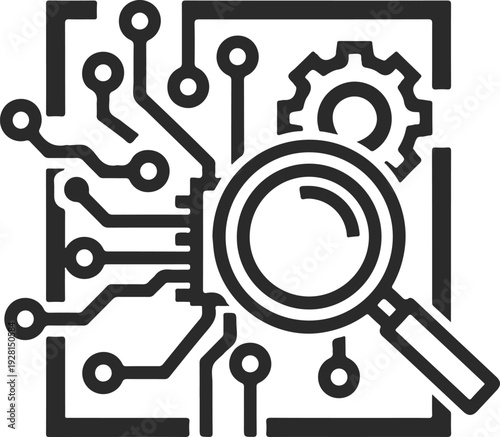 Circuit board with magnifying glass and gear vector illustration, flat design