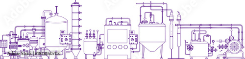 Pharma Manufacturing Factory Line Art Vector Showing Pharmaceutical Machines, Laboratory Instruments, Drug Production Process, Medical Industry Automation and Chemical Engineering System