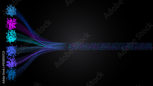 Photos Vibrant data visualization with colorful nodes and lines converging into streaml
