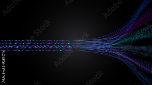 Abstract digital data flow with colorful lines and dots on black background