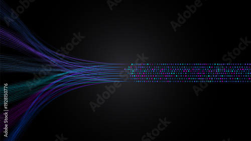 Abstract digital data flow with colorful lines converging into structured pattern on dark background