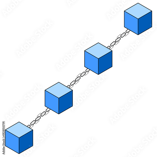 Blockchain technology concept featuring 3D isometric blue blocks connected by chains representing decentralized data, cryptocurrency, and secure network infrastructure.
