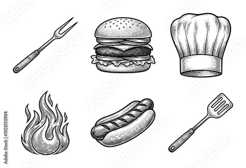 Vintage woodcut style collection of barbecue and fast food icons including burger, hot dog, chef hat, flame, and grilling tools