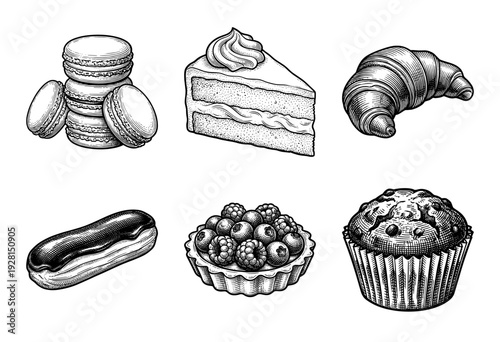 Set of six hand drawn bakery and pastry illustrations in a classic vintage engraving style including macarons cake and croissant.