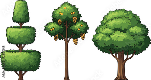 Cartoon green trees and fruit tree collection with lush foliage and decorative topiary shapes isolated on white background illustration
