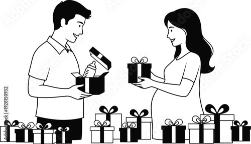 Pregnant woman receiving baby shower gifts from partner, outline drawing of happy couple at celebration