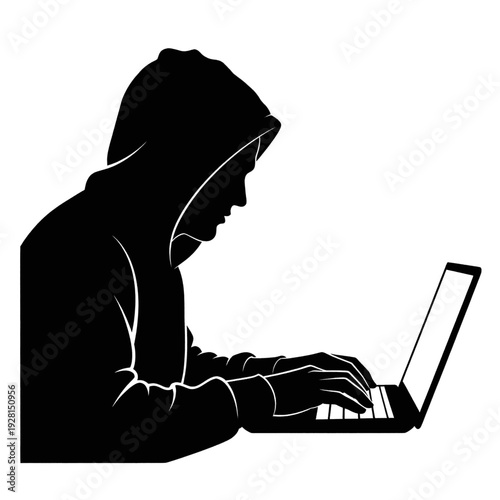 Hooded Figure Typing on Laptop Computer Silhouette.
