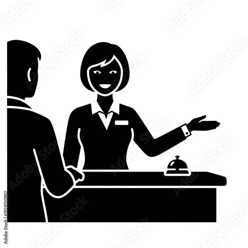 Hotel Receptionist Welcoming Guest at Counter.