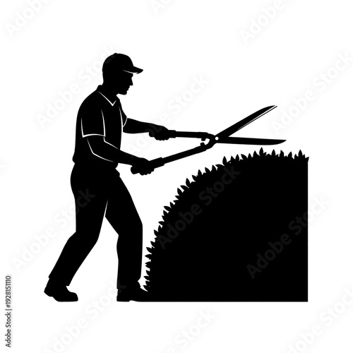 Man Cutting Hedge with Large Scissors.