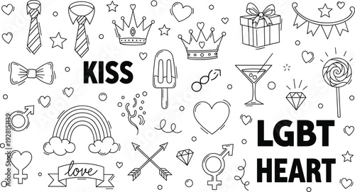 LGBT love doodle vector set with hearts, symbols, crown, and kiss elements for pride, romance, and inclusive design