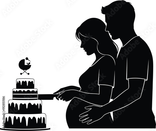 Pregnant couple cutting baby shower cake with baby stroller decoration