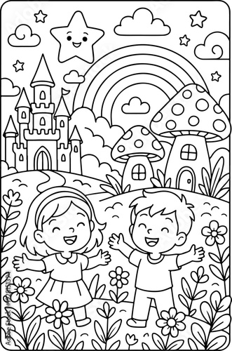 fairytale Magical Wonderland hand drawn vector illustration doodle art line art coloring page for kids