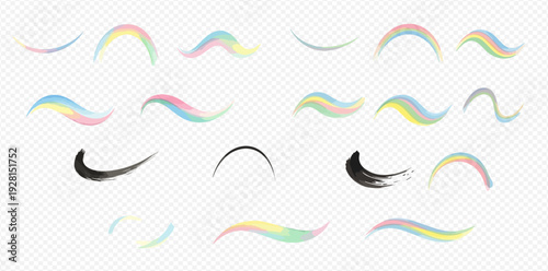Set of colorful unicorn hair and mane elements, pastel rainbow brush strokes, isolated on transparent background.