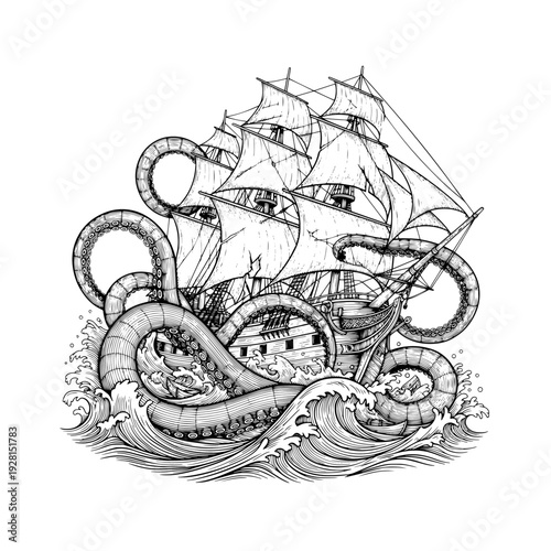 Kraken attacking sailing ship laser engraving design, vintage woodcut vector illustration, detailed hand drawn ink line art tall ship caught in octopus tentacles with crashing ocean waves for CNC