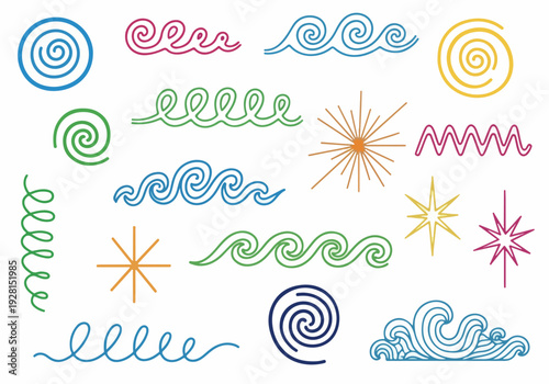 Collection of abstract graphic elements including swirls, waves, and starbursts in various colors for design purposes