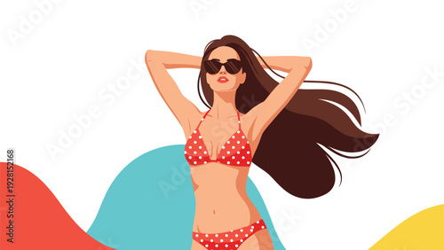 Stylish woman in a red polka-dot bikini and sunglasses posing against a colorful abstract background, depicting summer vacation and beach fashion.