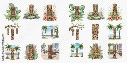 Watercolor collection of Hawaiian Tiki masks and totems with tropical leaves, flowers, and beach landscapes.