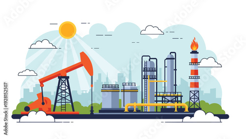 Industrial landscape showing an oil pump jack and a refinery with storage tanks and pipes under a clear sky with a bright yellow sun.