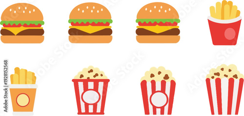 Fast food flat icon collection. Includes hamburgers, french fries, and popcorn. Created in a simple colored style with a red, yellow, and brown palette