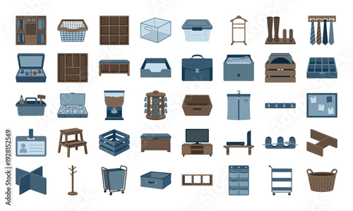 Collection of various storage and organization containers and furniture items