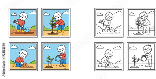 Step-by-step vector illustration of a boy planting a tree including digging, planting, and watering; available in color and black and white outline for education and coloring activities.