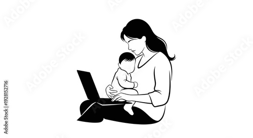 Mother working on laptop while holding baby in her lap.