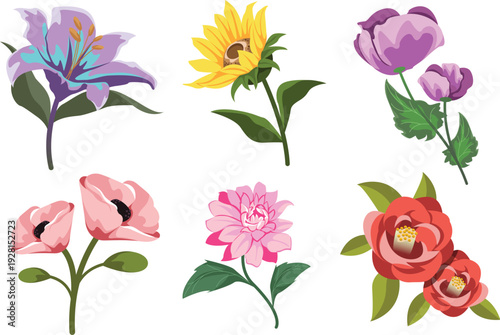 Brightly colored tropical flowers set for organic branding and identity vector