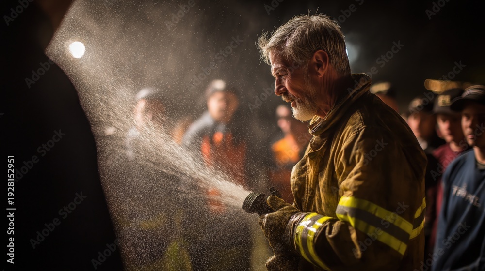Obraz premium A firefighter sprays water from a hose during a nighttime operation, surrounded by onlookers in the background.