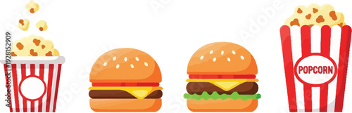 Fast food and movie snack flat icon collection. Includes two popcorn buckets, one with falling popcorn, and two cheeseburgers. Created in flat style with red, yellow, and brown palette