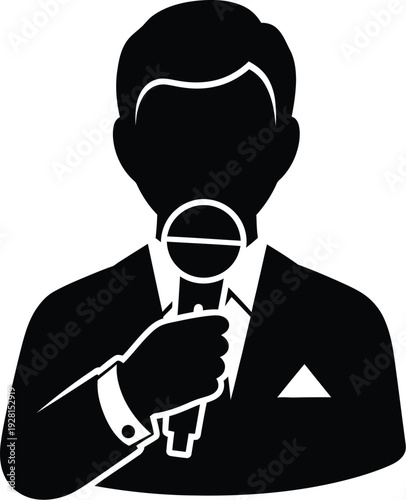 Announcer speaking into microphone, public speaking, communication, interview, presenter, speaker event, host, journalist