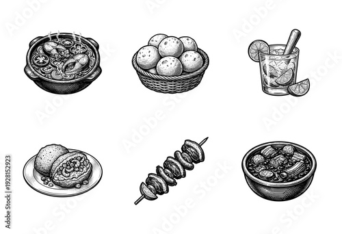 Set of Brazilian cuisine and traditional food icons featuring moqueca feijoada acaraje and caipirinha in hand drawn vintage woodcut engraving style