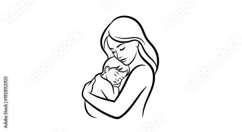 Simple line drawing of a mother holding her baby close to her chest.
