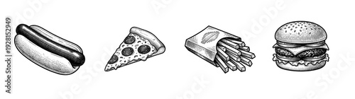 Vintage hand drawn engraving style fast food collection featuring hot dog, pepperoni pizza slice, french fries, and cheeseburger.