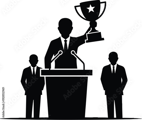 Winner holding trophy, podium, success, award, speech, leader, achievement, victory, competition, champion, speaker, presentation