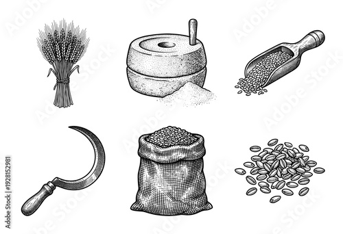 Vintage engraving style collection of wheat harvest elements featuring a millstone sickle sack of grain and stalks