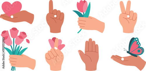 Hand gesture illustration set with diverse hands holding flowers heart butterfly and peace signs celebrating love unity diversity and human connection in flat style See Less