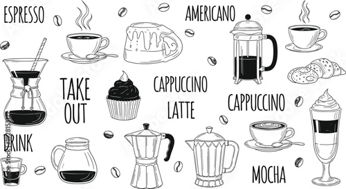 Set of different coffee drinks and cafe equipment icons, cad drawing flat vector illustration, espresso, americano, latte, mocha, and moka pot