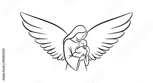 Angel Mother Holding Baby with Wings Outstretched in Simple Line Art.