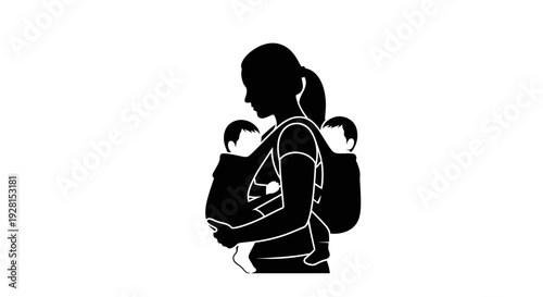 Woman carrying a baby in a baby carrier on her back.