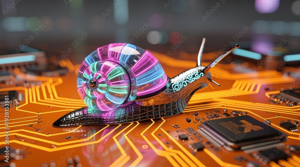 Fototapeta premium A digitally rendered snail with a colorful, translucent shell crawls on a glowing, orange circuit board with visible microchips and electronic pathways.